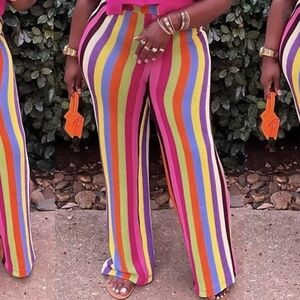 Wide-Leg Multicolor Stripe Knit Pants - Pink/Green/Orange
